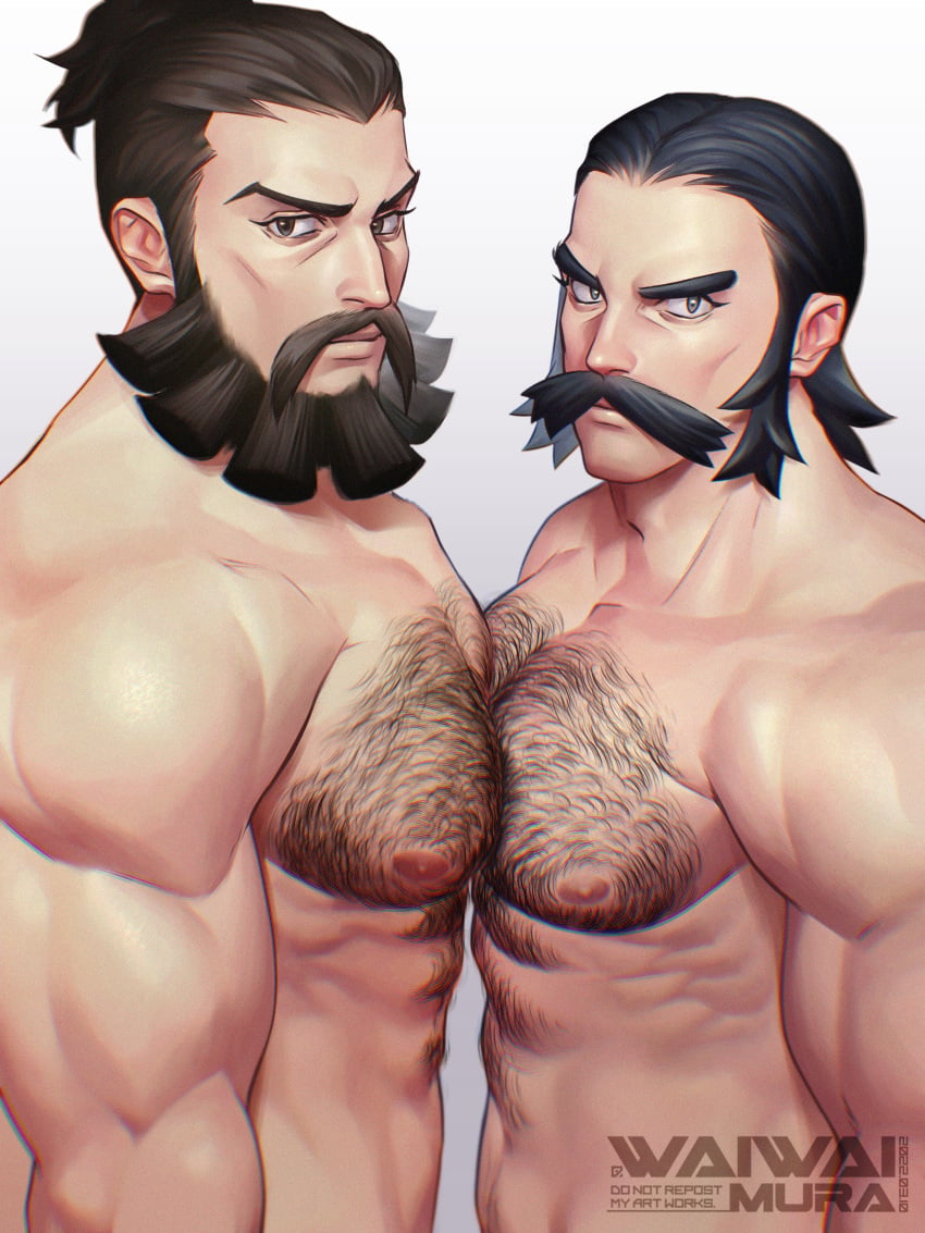 bara beard body_hair capcom crossover facial_hair gyakuten_saiban gyakuten_saiban kamado_(pokemon) male male_only moustache muscles muscular nintendo nude pokemon pokemon_legends:_arceus seishirou_jigoku waiwai_mura