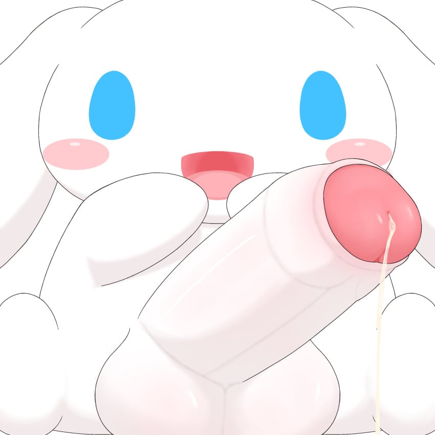 1boy big_balls big_penis blue_eyes blush_stickers canid chibi cinnamon_(cinnamoroll) cinnamoroll cinnamoroll_(series) cum hi_res huge_balls huge_cock humanoid_genitalia humanoid_penis hyper hyper_penis long_ears male mob_face open_mouth penis precum precum_drip sanrio simple_background small_but_hung uncut usagityann_(artist) white_background white_body white_fur