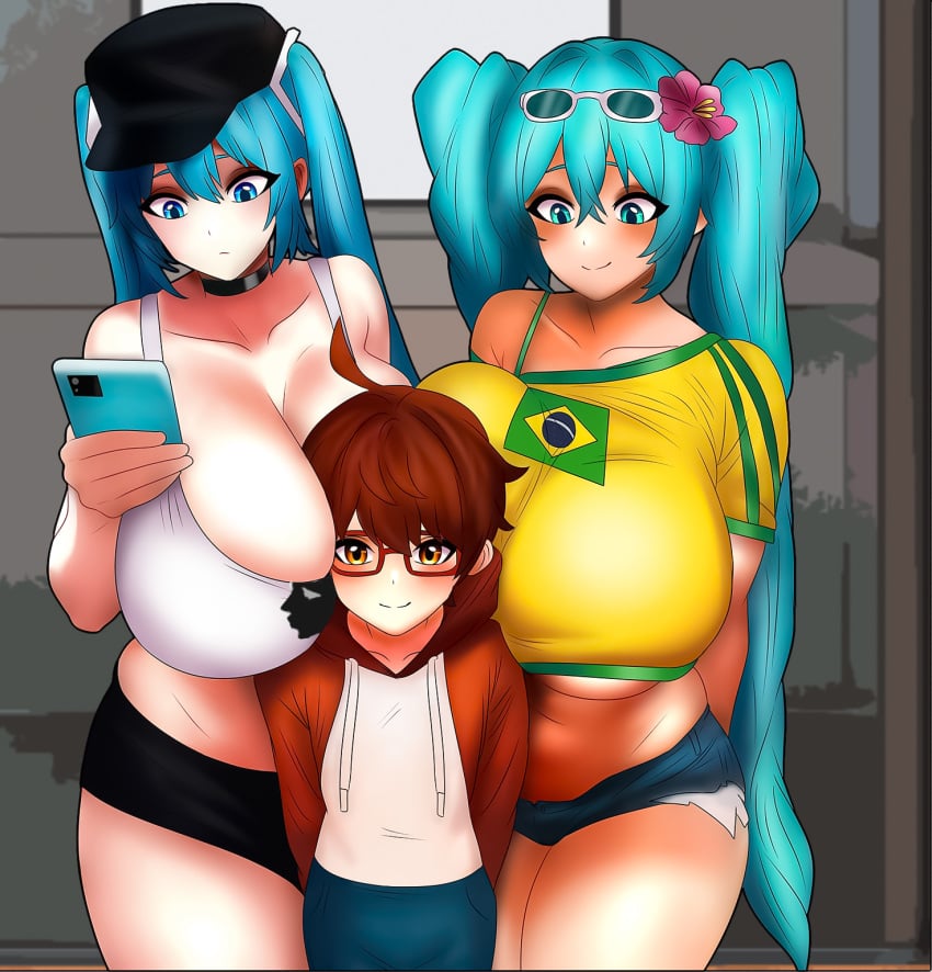 1boy 1girls 2girls age_difference between_breasts big_breasts blue_eyes blue_hair brazilian brazilian_female brazilian_miku brown_eyes brown_hair chorquistudios corse corsica_bikini_flag corsica_flag corsica_miku cute cute_face cute_male elevator glasses glasses_on_head hat hatsune_miku head_between_breasts huge_breasts long_hair milf pants parody parody_porn phone short_pants smaller_male sunglasses sunglasses_on_head tall_female taller_female