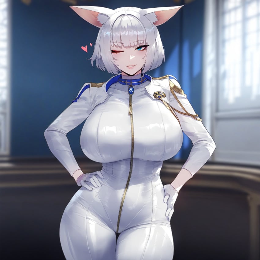 1girls absurd_res ai_generated animal_ears azur_lane bikesuit bodysuit fox_ears fox_girl hands_on_hips huge_breasts kaga_(azur_lane) kitsune liu_(artist) one_eye_closed seductive seductive_look seductive_smile skin_tight solo solo_female standing thick_thighs voluptuous voluptuous_female