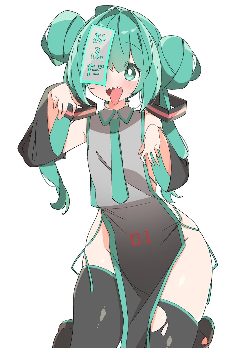 china_dress flat_chest hatsune_miku hips jiangshi no_panties sharp_teeth skindentation small_breasts thick_thighs thighhighs thighs tongue_out torn_pantyhose uruti_2388 vocaloid wide_hips