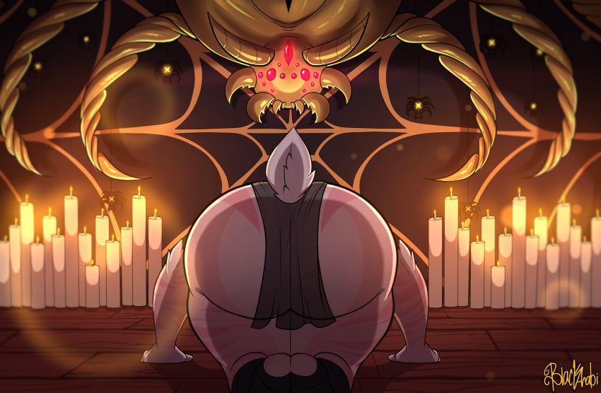 blackarabi candle deity fan_character femboy hi_res kneeling kneeling_oral_position lagomorph leporid male mammal prying rabbit scut_tail short_tail solo spider_web tail