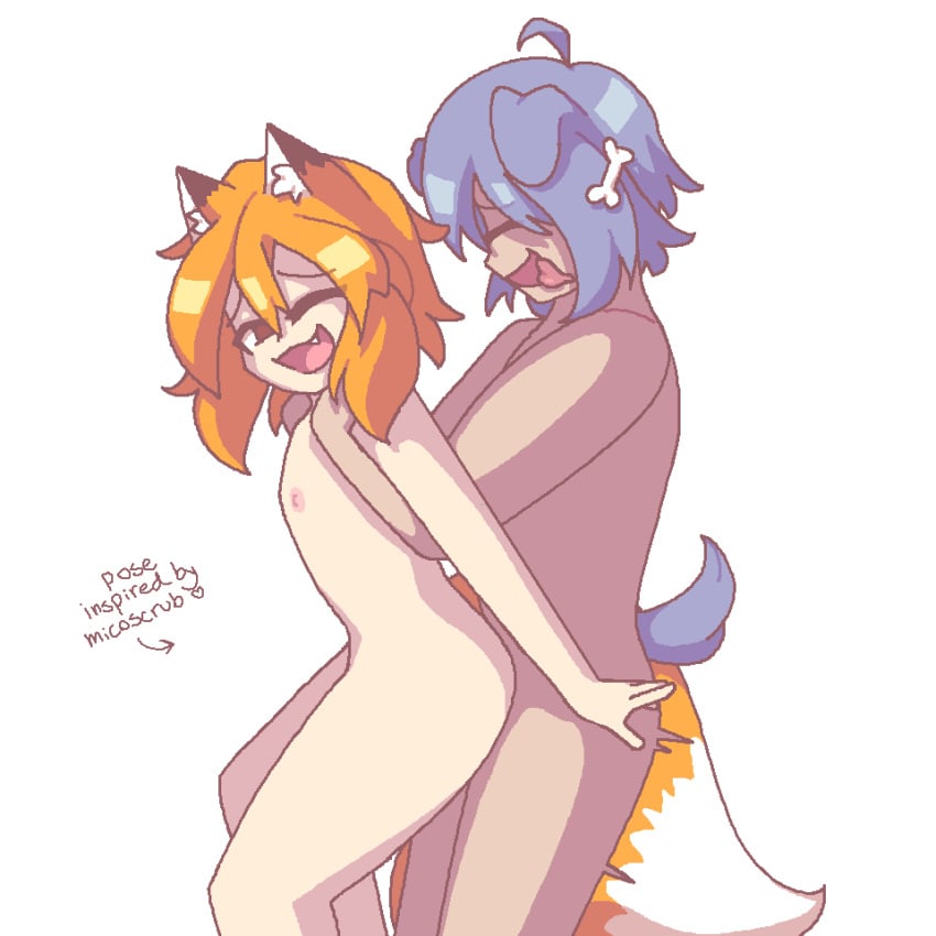 1boy 1girls blue_hair bone dog_ears dog_tail fox_ears fox_tail imxr24 ms_paint nipples orange_eyes orange_hair original_character senko_(sewayaki_kitsune_no_senko-san) sewayaki_kitsune_no_senko-san sex tongue_out