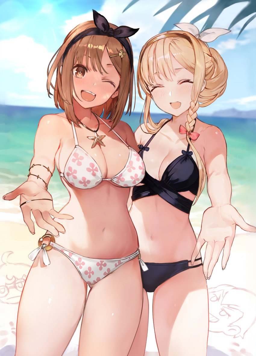 2girls ;d ^_^ absurdres ass_visible_through_thighs atelier_(series) atelier_ryza beach bikini black_bikini blonde_hair blurry blurry_background blush bow bracelet braid breasts bright_pupils brown_hair cleavage closed_eyes cowboy_shot depth_of_field detexted female_only hair_ornament hair_ribbon hair_up hairband hairbow hairclip halterneck highres horizon horny jewelry klaudia_valentz large_breasts medium_breasts multiple_girls navel necklace o-ring o-ring_bikini o-ring_bottom official_art one_eye_closed only_female open_mouth outdoors outstretched_hand print_bikini reisalin_stout ribbon short_hair side_braid sidelocks smile swimsuit thighs third-party_edit toridamono white_bikini white_pupils