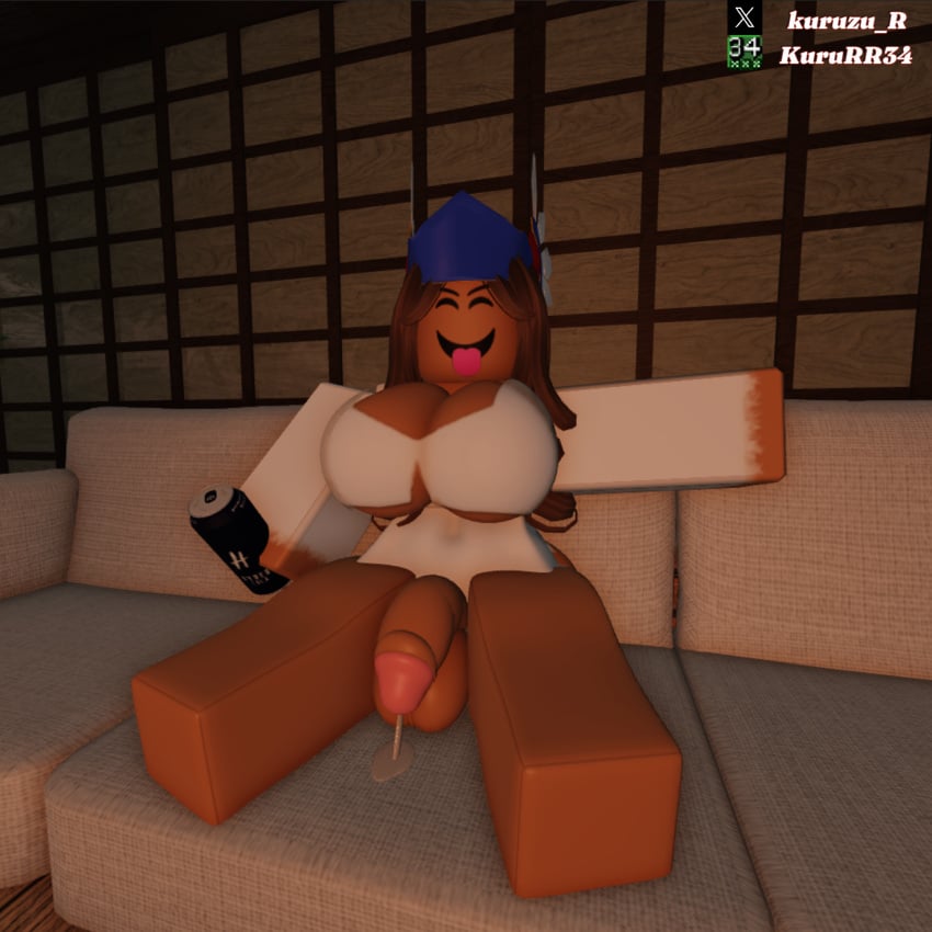 3d big_breasts big_bulge drinks futa_focus futanari kururr34 leaking_precum looking_at_viewer roblox roblox_avatar sitting_on_couch