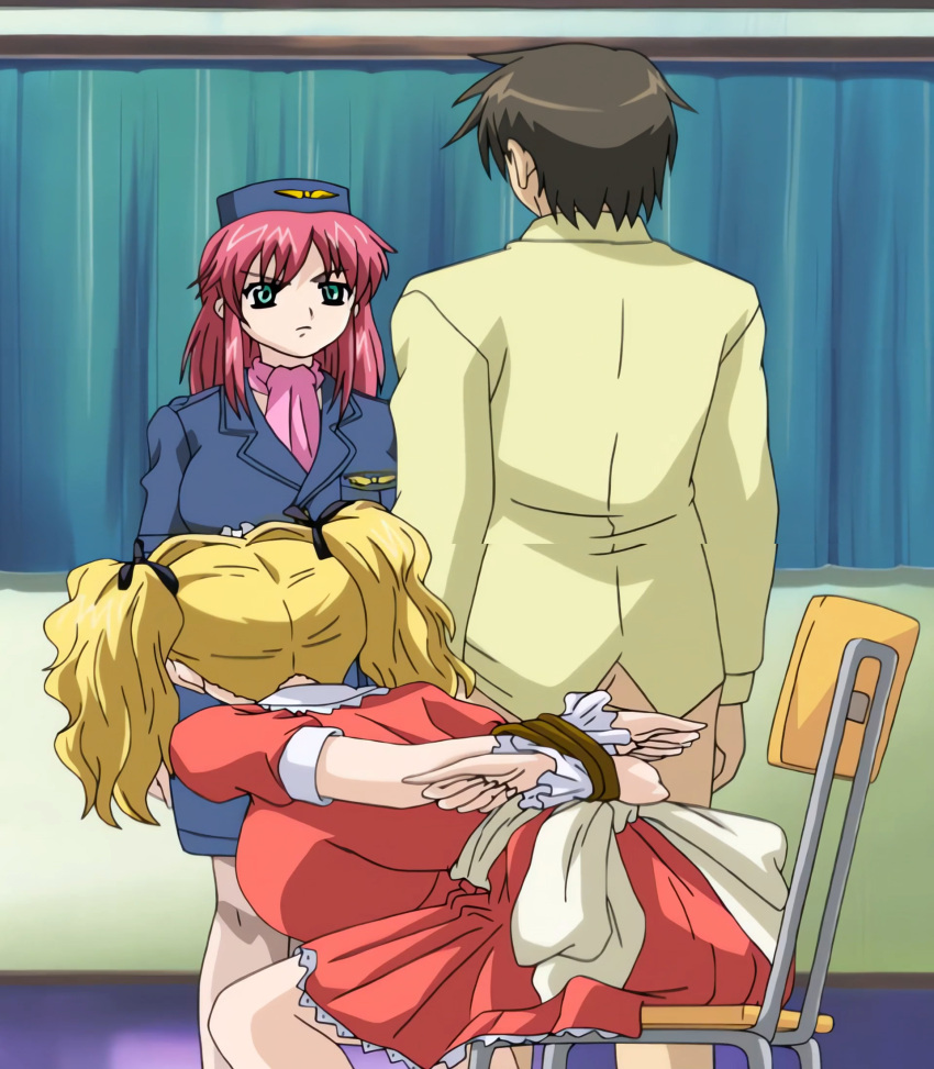 1boy 2girls alternate_hairstyle anime anime_screencap arms_behind_back ass bent_over big_breasts blonde_hair boin boin_lecture bondage bound breasts busty chair female from_behind hair_ribbon highres huge_breasts iihara_nao large_breasts legs long_hair male multiple_girls pink_hair restrained ribbon screencap serious sitting skirt stitched teacher thighs third-party_edit tied_hands tsukushino_mitsugu twintails waitress