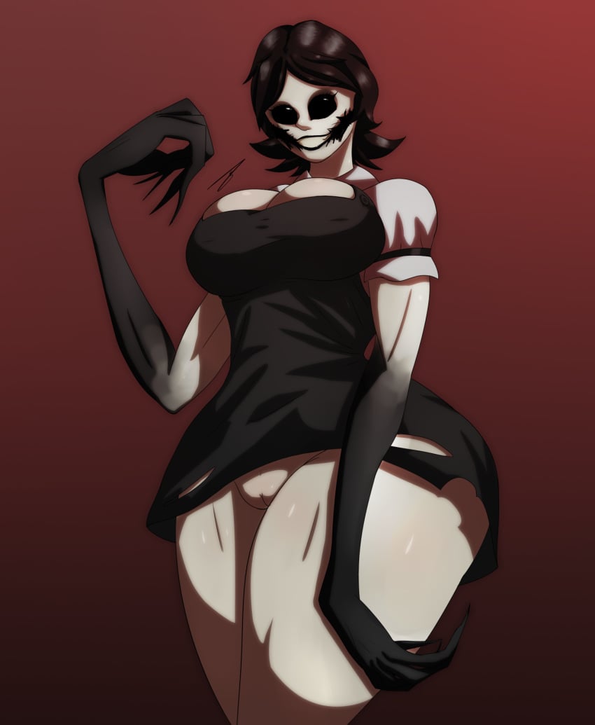 1girls 2019 absurd_res absurdres agatha_(dark_deception) aged_up artist_signature background big_breasts black_dress black_hair black_sclera breasts claws cleavage curvaceous dark_deception dark_deception:_chapter_2 elementary_evil female female_only hair hb-viper hi_res highres hyper_thighs long_arms long_fingers massive_thighs monster monster_girl nightmare_waifu pale_skin pussy red_background smile solo thick_thighs thunder_thighs video_games