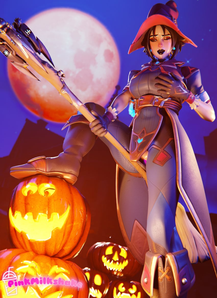 3d blender broom female fortnite grabbing_own_breast halloween masturbation persephone_(fortnite) pinkmilkshake pumpkin solo sweaty vaginal_juices witch witch_hat