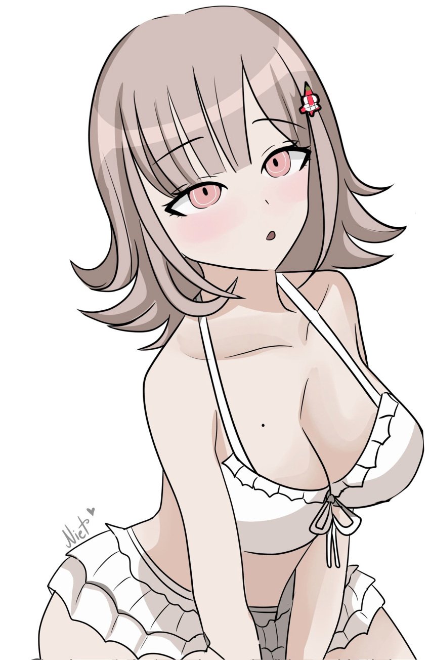 1girls 2024 bikini blush breasts brown_hair cleavage danganronpa danganronpa_2:_goodbye_despair female female_focus female_only hair_clip mole_on_breast nanami_chiaki niet_zsu pink_eyes short_hair white_background white_bikini white_bikini_bottom white_bikini_top wide_hips