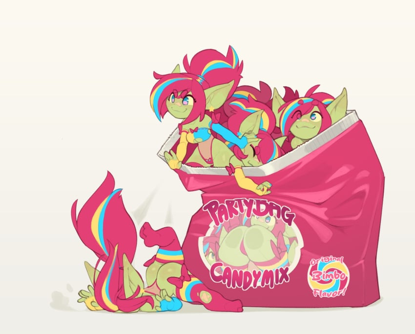 6+girls ass candy_(huffslove) clones female_only goblin goblin_female green_skin huffslove multicolored_hair original original_character pansexual_pride_colors pink_hair plastic_bag shortstack simple_background tagme