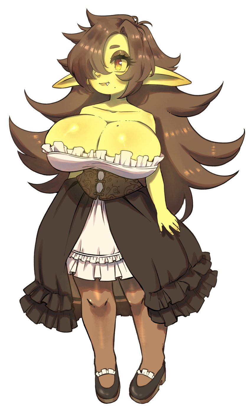 1girls artist_request barmaid barmaid_outfit corest female female_only gloomymaid goblin goblin_female green-skinned_female green_skin huge_breasts original pantyhose shortstack solo tagme