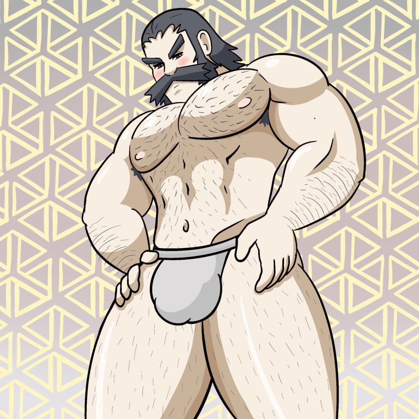 armpit_hair balls bara blush body_hair bulge facial_hair flaccid kamado_(pokemon) male male_only moustache muscles muscular nintendo penis pgbckup pokemon pokemon_legends:_arceus solo solo_male