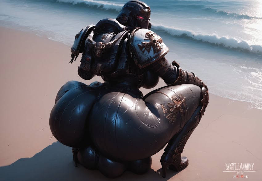 ai_generated armor armored_female arms_on_knees ass ass_focus back_view balls beach black_templars buff bulge bulge_under_clothes child_bearing_hips civitai full-package_futanari fully_clothed heavenly_ass helmet helmet_covering_face highres hourglass_figure huge_ass huge_balls huge_testicles looking_at_viewer looking_pleasured massive_ass massive_butt ocean ocean_background phat_ass power_armor power_suit squatting testicles thick thick_ass thick_legs thick_thighs video_game video_game_character video_game_franchise video_games warhammer_(franchise) warhammer_40k warhammer_fantasy wide_hips