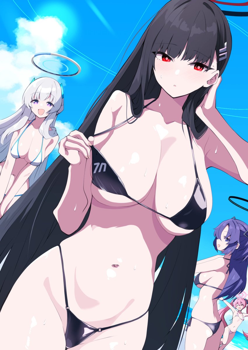 4girls :d ass bikini black_bikini black_hair blue_archive blue_sky blush breasts cleavage cloud day grey_hair hair_ornament hairclip halo headgear highres koyuki_(blue_archive) large_breasts long_hair looking_at_viewer micro_bikini millennium_science_school_student multiple_girls navel noa_(blue_archive) open_mouth outdoors pink_hair purple_eyes purple_hair red_eyes rio_(blue_archive) seminar_(blue_archive) sky smile sweat swimsuit tonomiya68 twintails very_long_hair white_bikini yuuka_(blue_archive)