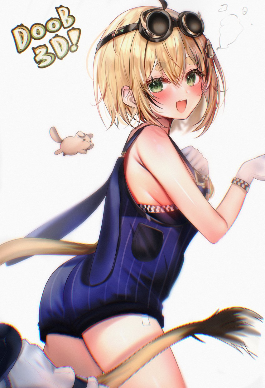 blonde_hair blush bra checkered_bra conductor_uniform dooby3d gloves goggles green_eyes indie_virtual_youtuber jerboa jerboa_humanoid looking_at_viewer maru_ccy mascot open_mouth plain_background shoes side_view sideboob socks socks_and_shoes steam tail text virtual_youtuber white_background