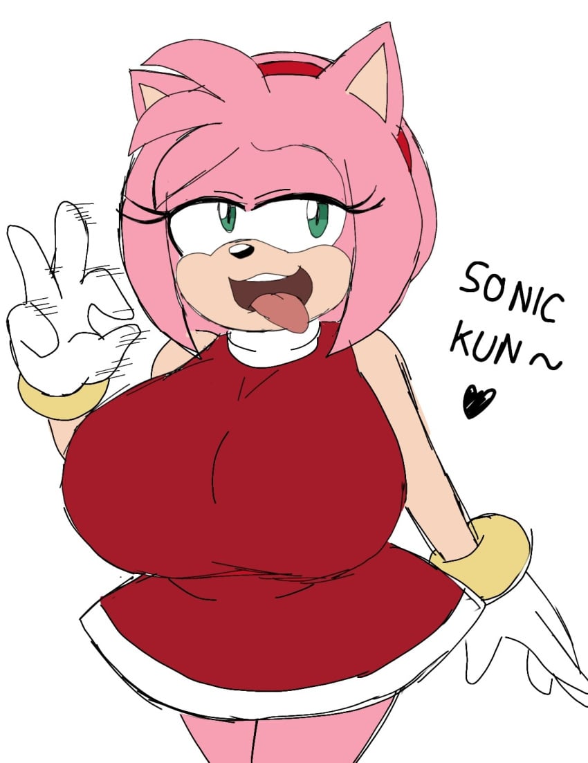 1girls amy_rose dialogue dress female furry hedgehog hedgehog_girl huge_breasts jerking_off_hand_motion momiji_(artist) open_mouth sega sonic_(series) teasing tongue_out