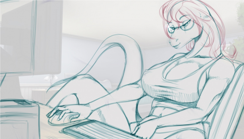 anthro breasts clothed clothing eyewear female glasses kinojaggernov masturbation restricted_palette scalie sitting sketch smile solo underwear