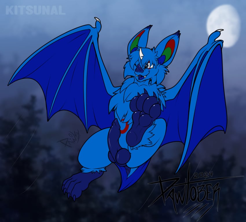 anus balls bat bat_wings feet feral flying genitals hybrid kitsunal_(character) male mammal membrane_(anatomy) membranous_wings night paws pawtober pawzzhky penis solo wings