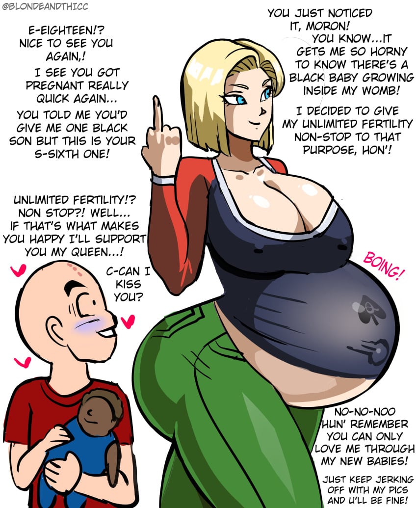 ! 1boy 1girls ? android android_18 android_girl artist_name ass baby bald bald_man big_ass big_ass_(female) big_ass_cheeks big_breasts big_butt big_butt_(female) big_butt_cheeks big_buttocks black_male blonde_female blonde_hair blonde_hair_female blondeandthicc blue_blush blue_eyes blue_eyes_female blush boing breasts cheating cheating_wife cleavage clothed clothed_female cuck cuckold dark-skinned_male dark_skin dragon_ball dragon_ball_super dragon_ball_z english english_text eyelashes female heart heart_symbol hearts hearts_around_body hearts_around_head holding_baby huge_boobs huge_breasts hyper_belly krillin kuririn looking_away looking_away_from_partner male middle_finger milf mother nipples nipples_visible_through_clothing pan-african_colors pan-african_flag pan_african_colors pregnant pregnant_belly pregnant_female smile sweaty text white_background wife