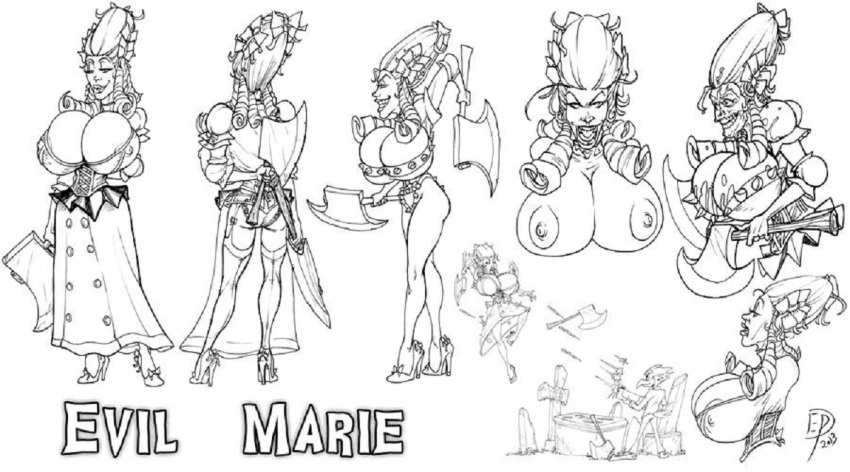 1girls axe axes boobdan carnevil character_sheet corset curly_hair dress dual_wielding evil_marie evil_marie(carnevil) female female_only girdle heels high_heels huge_breasts long_hair model_sheet panties pompadour sketch solo topless