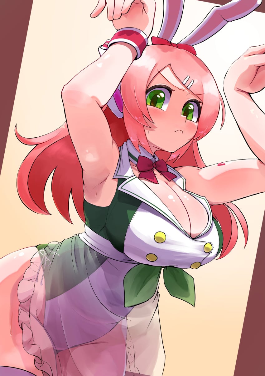 1girl absurdres animal_ears apron arm_tattoo armpits artist_request blush bow bowtie breasts buttons cleavage closed_mouth fake_animal_ears frilled_apron frills green_eyes green_leotard hair_bow hair_ornament hairclip headphones highres huge_breasts leotard long_hair looking_at_viewer momone_momo pink_hair playboy_bunny rabbit_ears rabbit_pose red_bow red_bowtie see-through_apron see-through_clothes strapless strapless_leotard tattoo thighs utau wavy_mouth