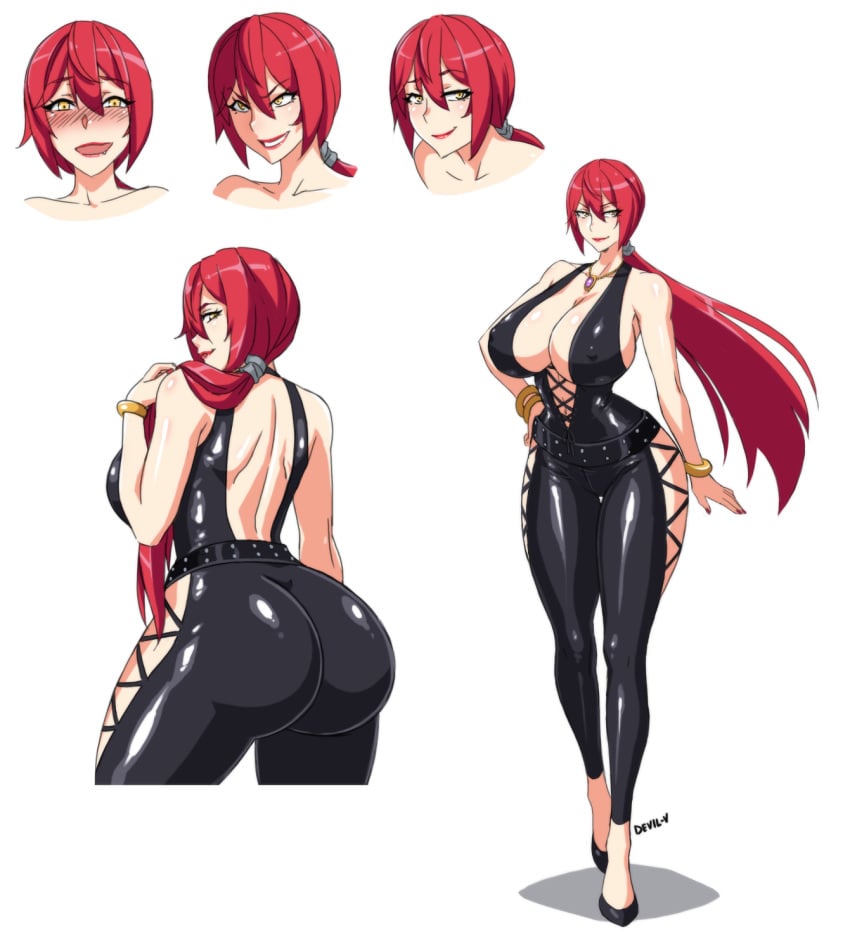 ass bracelet bracelets breasts cleavage devil-v female female_only full_body highres huge_ass huge_breasts long_hair long_ponytail looking_at_viewer original ponytail red_hair solo thighs yellow_eyes