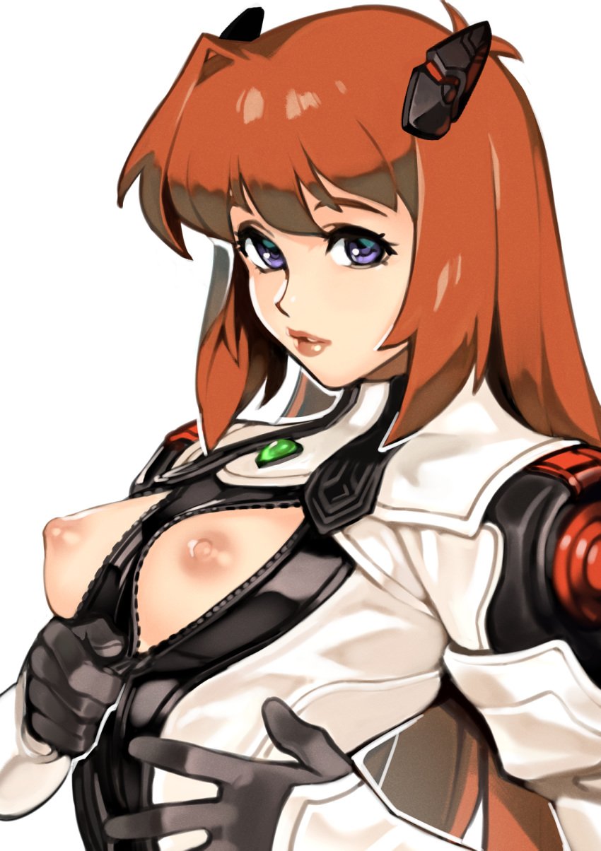 1girls areolae armor breasts breasts_out brown_hair clothing elhaym_van_houten exposed_breasts eyebrows eyelashes female female_focus female_only gloves hair hair_ornament highres lips lipstick looking_at_viewer nipples optionaltypo purple_eyes skin_tight solo solo_focus suit unzipped video_games xenogear xenogears