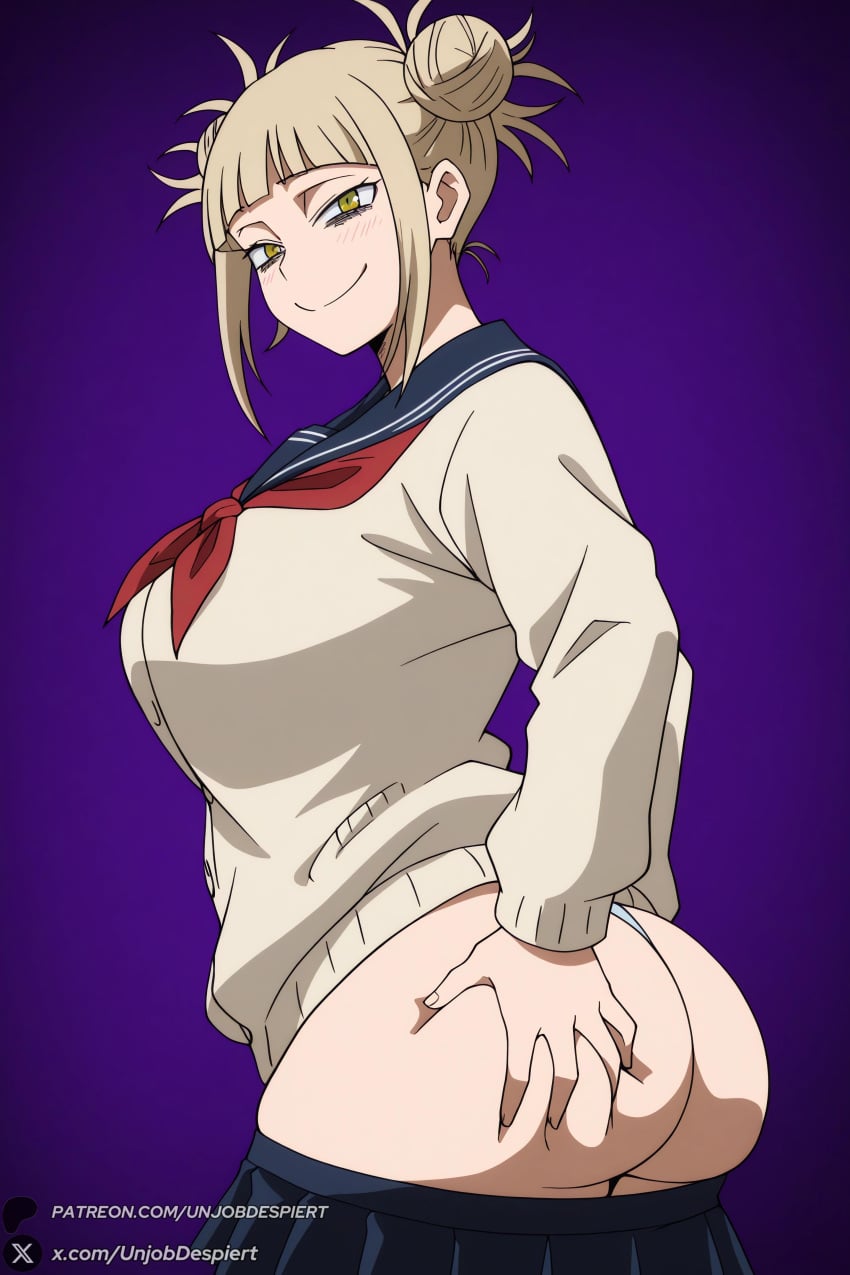 1female 1girl 1girls 2026 ai_generated artist_name ass ass_grab bags_under_eyes bangs big_ass big_breasts blonde_hair blunt_bangs blush boku_no_hero_academia breasts cardigan clothes_pull curvy double_bun female female_only grabbing_own_ass gradient gradient_background hair_bun hand_on_own_ass hi_res high_quality high_resolution highres himiko_toga huge_ass huge_breasts large_breasts long_sleeves looking_at_viewer looking_back messy_hair my_hero_academia narrowed_eyes neckerchief panties patreon patreon_username pleated_skirt purple_background red_neckerchief sailor_collar school_uniform serafuku short_hair sidelocks skirt skirt_pull smile solo thong toga_himiko underwear unjobdespiert watermark web_address white_panties yellow_eyes