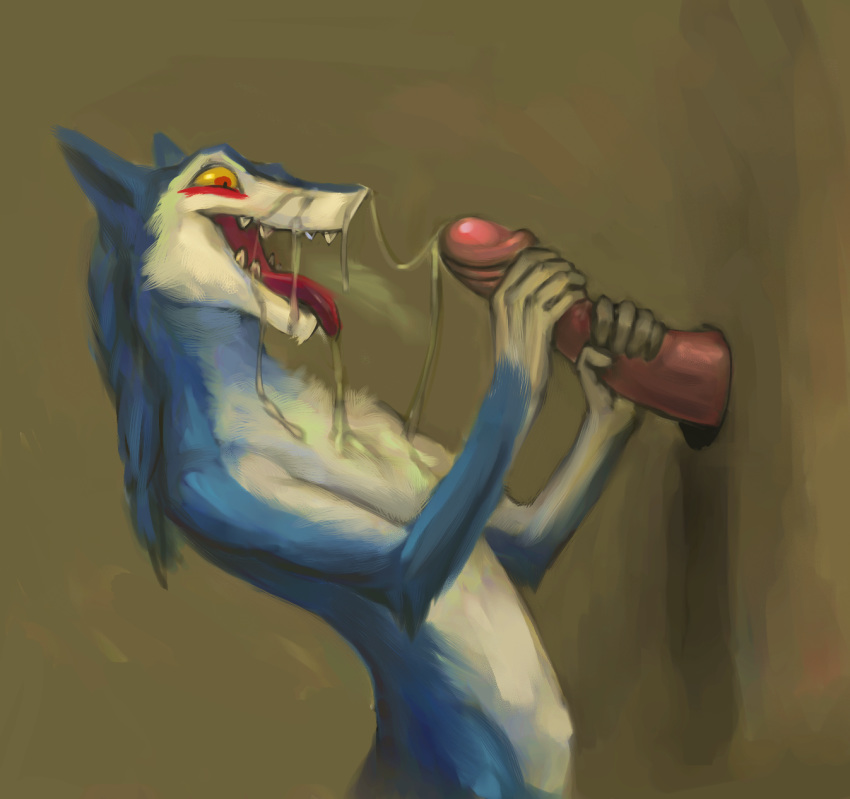 2015 anthro big_penis bodily_fluids cum cum_on_face cum_on_muzzle duo erection fangs genital_fluids glory_hole handjob hi_res humanoid_penis klongi male markus_(dowantanaccount) nude open_mouth penile penis sergal sex solo_focus tongue tongue_out yaoi