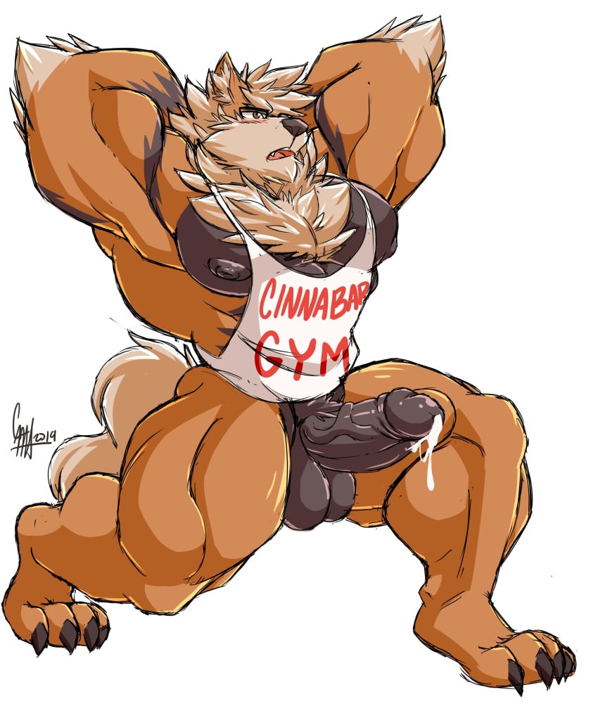 1boy 2019 abs absurdres anthro arcanine armpits arms_up bottomless canine daikitei erection furry hands_behind_head highres humanoid_penis large_penis male male_only mammal muscular muscular_male nintendo nipples open_mouth original_character pecs penis pokemon pokemon_(species) pokemon_rgby precum retracted_foreskin shirt sketch solo tank_top testicles text topwear uncut veins watermark