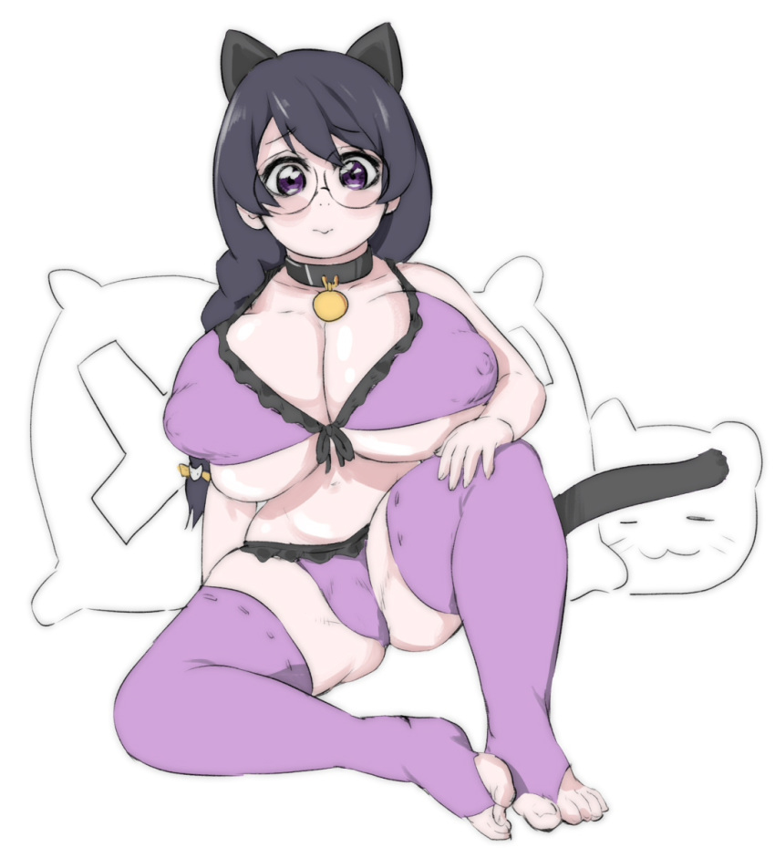 black_hanekawa blush cat_ears cat_tail collar erect_nipples glasses hanekawa_tsubasa huge_breasts keigi_(artist) monogatari_(series) plump stirrup_thighhighs yes-no_pillow