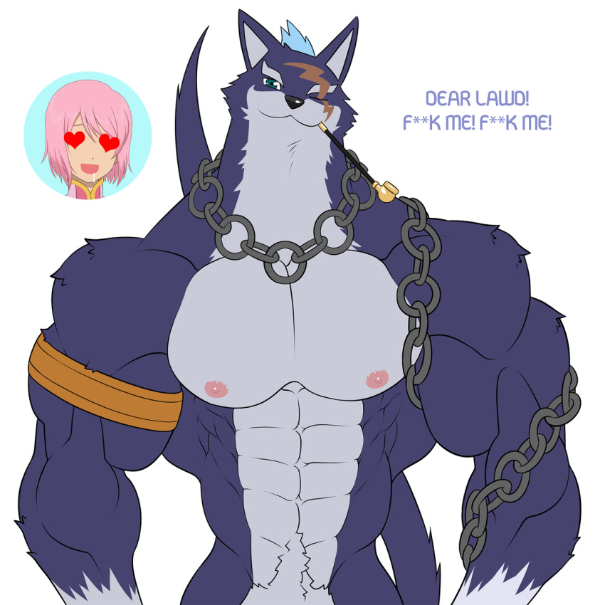 anthro artist_request canine estellise_sidos_heurassein furry imminent_sex love male_only muscle muscular pink_hair princess repede source_request tagme tales_of_(series) tales_of_vesperia text