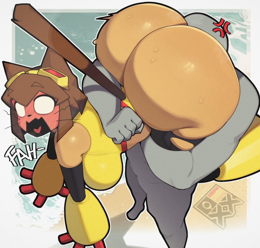 anthro big_ass big_butt biped breasts brown_hair butt clothed clothing domestic_cat duo felid feline felis female gameoverse glitch_productions hair hi_res huge_ass huge_butt human human_on_anthro igxxiii interspecies kit_(gameoverse) kit_bodega large_ass male male/female mammal open_mouth tail yellow_clothing