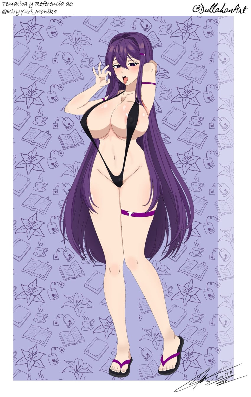 artist_request doki_doki_literature_club fellatio_gesture looking_at_viewer skimpy skimpy_clothes swimsuit yuri_(doki_doki_literature_club)