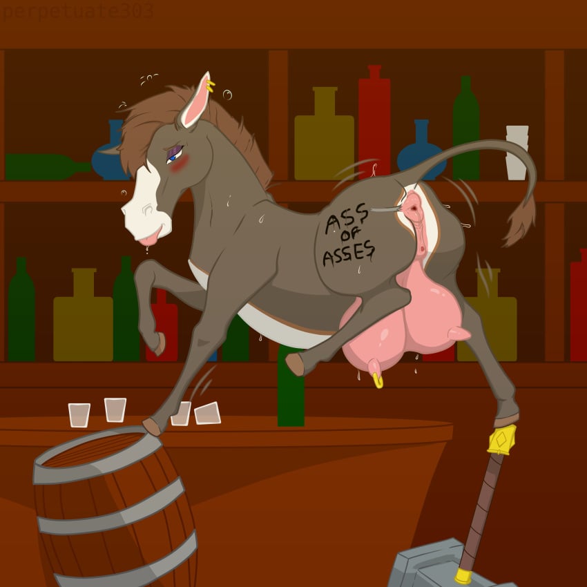 absurd_res animal_genitalia animal_vulva anus asinus balancing bar big_teats blue_eyes blush bodily_fluids body_writing bottle breasts bubble butt clitoral_winking clitoris colored container cup detailed_background donkey drinking_glass drunk drunk_bubble ear_piercing ear_ring equid equine equine_anus equine_genitalia equine_vulva female feral genitals glass glass_container glass_cup hammer hi_res huge_teats hyper hyper_teats jasmine_the_battle_donkey_(perpetuate303) mammal mane nipple_piercing nipples perpetuate303 piercing ring_piercing shaking_butt shot_glass solo spread_butt spreading substance_intoxication sweat sweaty_breasts sweaty_butt tail tape teats tools vulva warhammer weapon