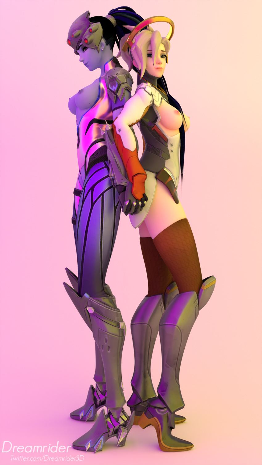 2girls 3d areolae blender breasts dreamrider female female_only looking_at_viewer mercy nipples overwatch thighhighs widowmaker