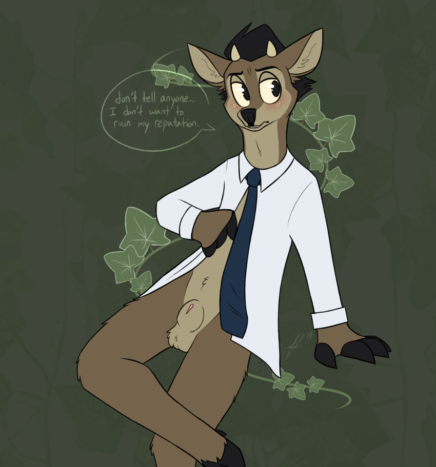 absurd_res animal_genitalia antlers balls blush cervid clothed clothing embarrassed english_text furry hi_res hooves horn leaf male male_only mammal necktie penis sheath shirt slimykappa text topwear