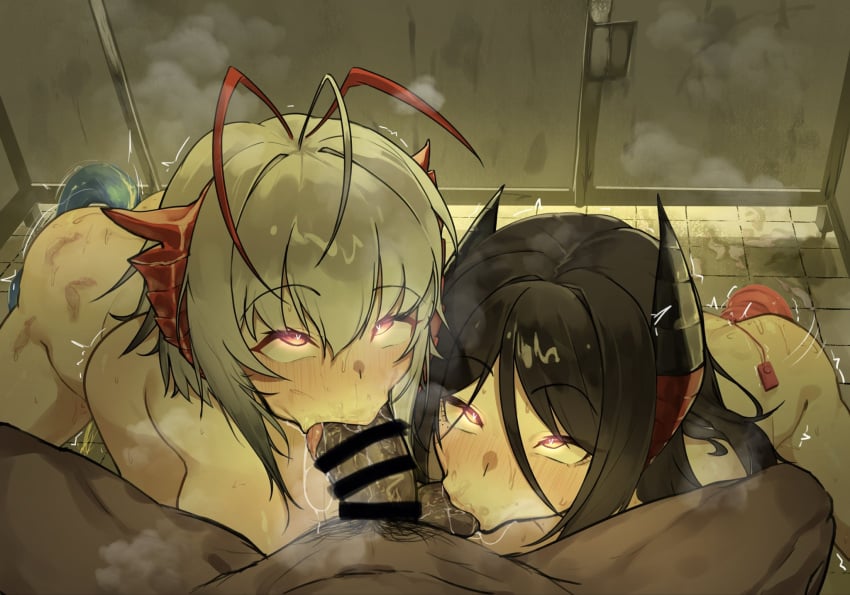 1boy 2girls antenna_hair ass bar_censor black_hair black_horns blush breasts censored completely_nude controller cooperative_fellatio dark-skinned_male dark_skin demon_horns fellatio ffm_threesome gensou_destroy grey_hair group_sex heart heart-shaped_pupils hetero highres horns interracial large_breasts long_hair male_pubic_hair multicolored_horns multiple_girls nose_blush nude object_insertion oral orange_eyes pee peeing penis pubic_hair public_restroom red_horns remote_control remote_control_vibrator rolling_eyes saliva saliva_on_penis saliva_trail sex_toy short_hair steam steaming_body sweat symbol-shaped_pupils teamwork_(sexual) testicle_sucking threesome toilet_stall tongue tongue_out trembling two-tone_horns vibrator vibrator_cord