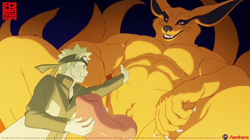 2boys abs anhes big_penis blonde_hair blue_eyes clothing english_text erection fox fully_clothed gay handjob holding_penis huge_cock interspecies jacket knot kurama large_penis male male_only masturbation muscles muscular muscular_male naruto naruto_(series) naruto_shippuden orange_fur pecs penis red_eyes size_difference uzumaki_naruto whisker_markings whiskers yaoi yellow_hair