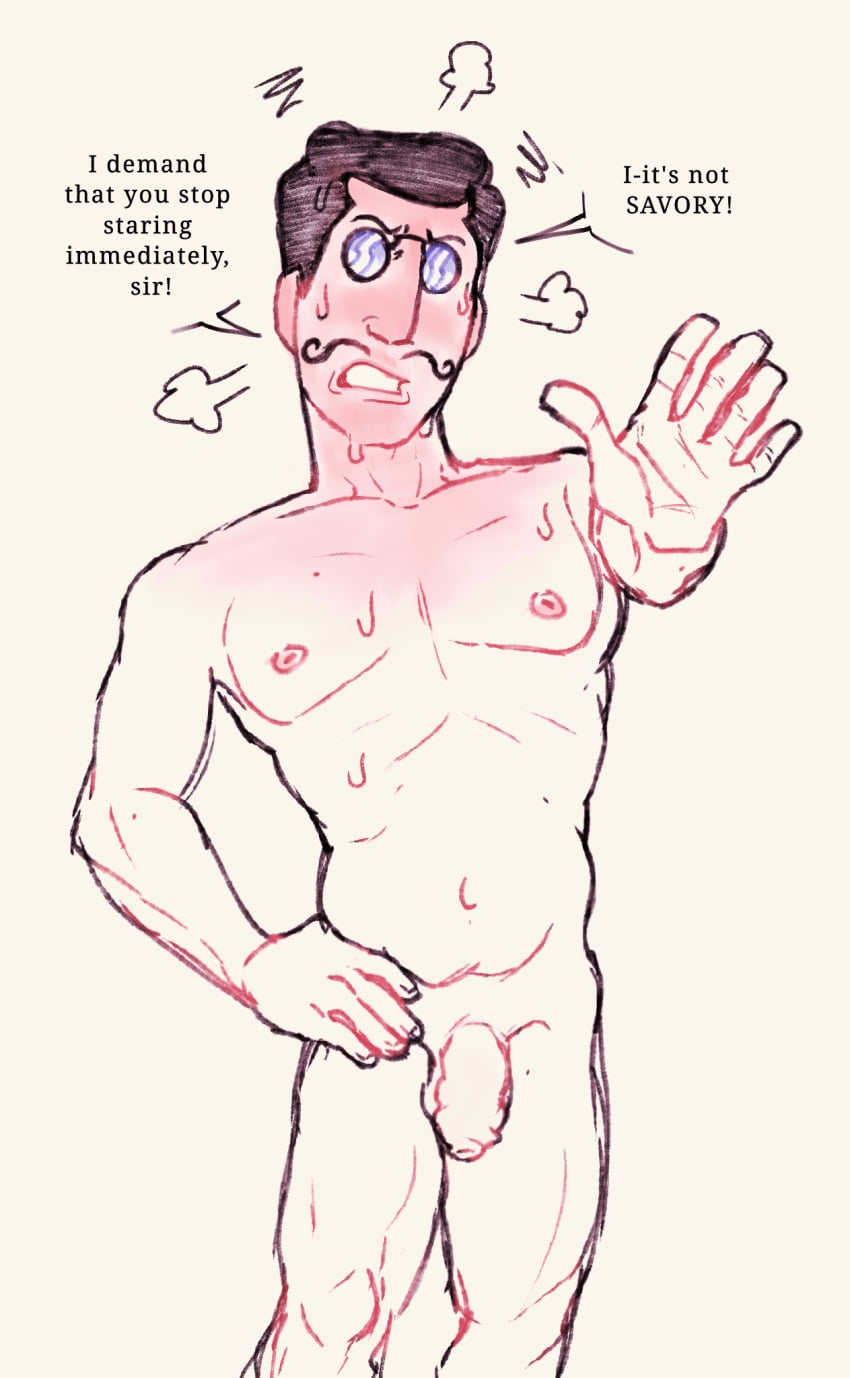 1boy 1male blushing blushing_male blushing_profusely demanding demanding_male digital_drawing_(artwork) digital_media_(artwork) english english_text exposure formal gentleman glasses hating_it male male_only mr_shrink naked nude nudity original original_character partially_colored pince-nez professional psychiatrist puritan reluctant resisting scowling scowling_at_viewer solo stop_gesture stupid stupid_male sweating the_shrink uncircumcised weak_resistance white_skin