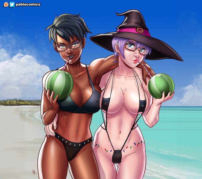 2girls armpit big_breasts bikini black_hair breasts cameltoe cleavage dark-skinned_female dark_skin female female_only large_breasts looking_at_viewer pablocomics violet_hair witch_hat