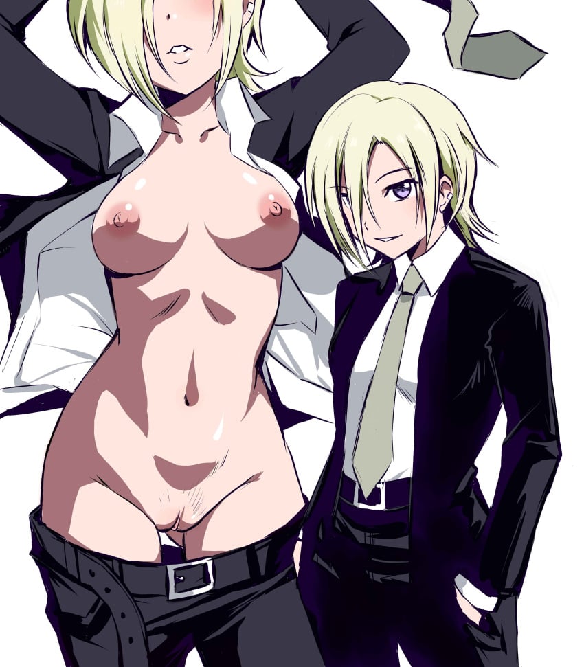 1girls :) absurd_res arms_up ass_visible_through_thighs belt black_jacket black_pants black_suit blonde_hair box_wonderland breasts breasts_apart cleft_of_venus closed_mouth clothed clothing collarbone ear_piercing ears eyebrows_visible_through_hair eyes_out_of_frame female female_only front_view functionally_nude grey_necktie groin hair_over_one_eye hands_in_pockets hands_on_head hi_res long_sleeves looking_aside looking_at_viewer love_live! love_live!_nijigasaki_high_school_idol_club medium_breasts mia_taylor multiple_views navel necktie nipples no_bra no_panties no_underwear nude open_belt open_clothes open_jacket open_shirt open_suit pants pants_down pubic_hair purple_eyes pussy shadow shirt short_hair simple_background smile solo sparse_pubic_hair standing straight_hair suit suit_jacket teeth thighs tomboy uncensored white_background white_shirt zoom_layer