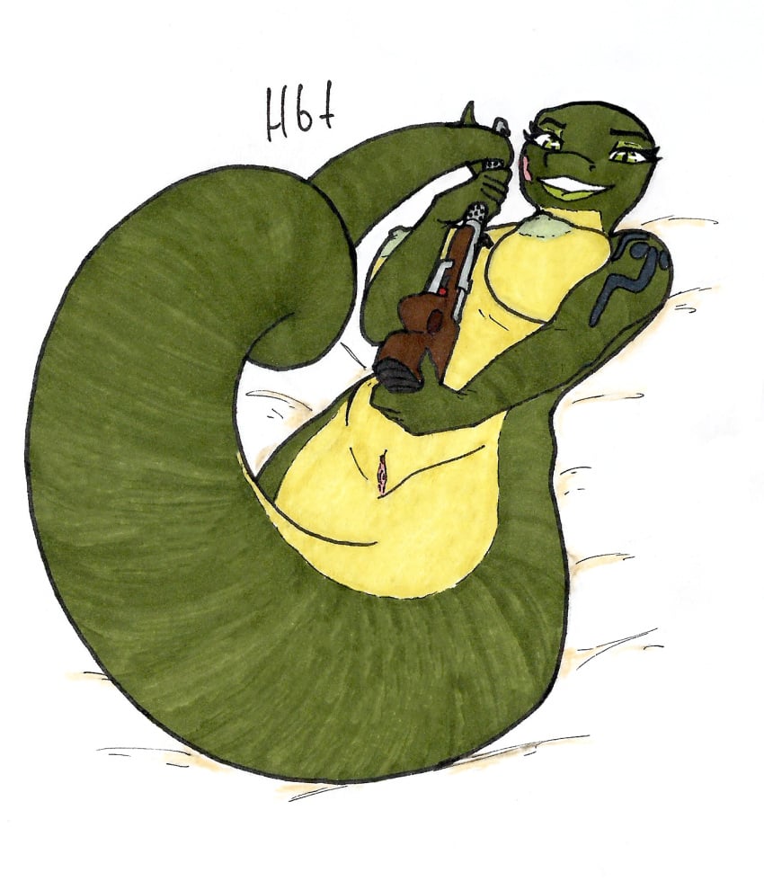 2019 bare_shoulders big_breasts breasts curvaceous eyebrows eyelashes female haibet hi_res holding_object holding_weapon huge_breasts looking_at_viewer lying naga nipples non-mammal_breasts nude pussy ranged_weapon reptile scalie simple_background smile snake solo thick_hips thick_thighs voluptuous weapon wide_hips