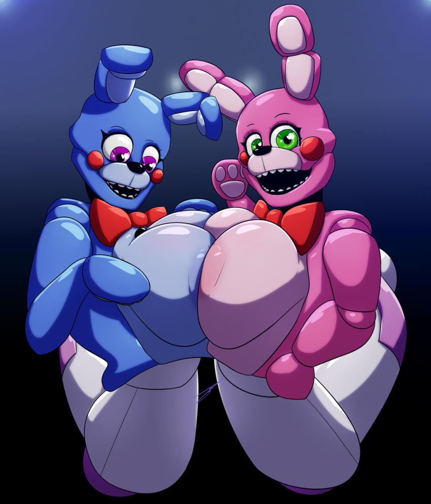 2girls anthro areolae artist_signature big_breasts blue_skin bonnet_(fnafsl) bowtie breast_press breasts bunny bunny_ears buttons eyelashes female female_focus five_nights_at_freddy's five_nights_at_freddy's:_sister_location funtime_freddy_(fnafsl) green_eyes hb-viper huge_breasts lagomorph looking_at_viewer multiple_girls open_mouth pink_skin puppet puppet_bonnie_(fnafsl) purple_eyes red_bowtie red_cheeks robot robot_girl robot_joints shiny_skin sister_location waving waving_at_viewer