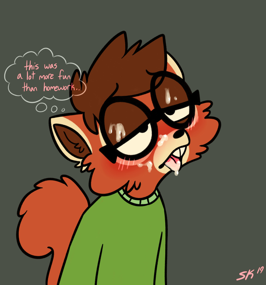 absurd_res anthro blush bodily_fluids brown_hair buckteeth clothing cum cum_in_mouth cum_inside cum_on_face cum_on_glasses english_text eyewear furry genital_fluids glasses hair hi_res lucas_(slimykappa) male male_only mammal rodent sciurid slimykappa sweater teeth text tongue topwear