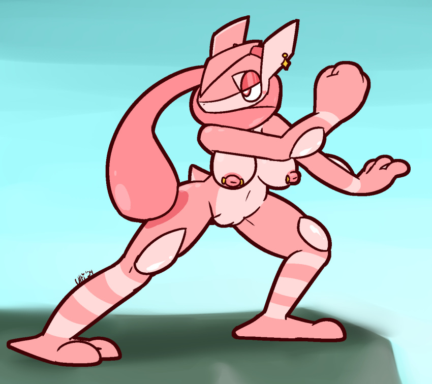 2024 2_toes 3_fingers action_pose amphibian anthro big_breasts blue_background breasts ear_piercing ear_ring feet female fingers fist front_view generation_6_pokemon genitals greninja half-closed_eyes hi_res long_tongue membrane_(anatomy) narrowed_eyes nintendo nipple_piercing nipples nude piercing pink_body pink_eyes pink_nipples pokemon pokemon_(species) pose pupils pussy ring_piercing simple_background solo standing toes tongue ultilix webbed_feet webbed_hands white_pupils