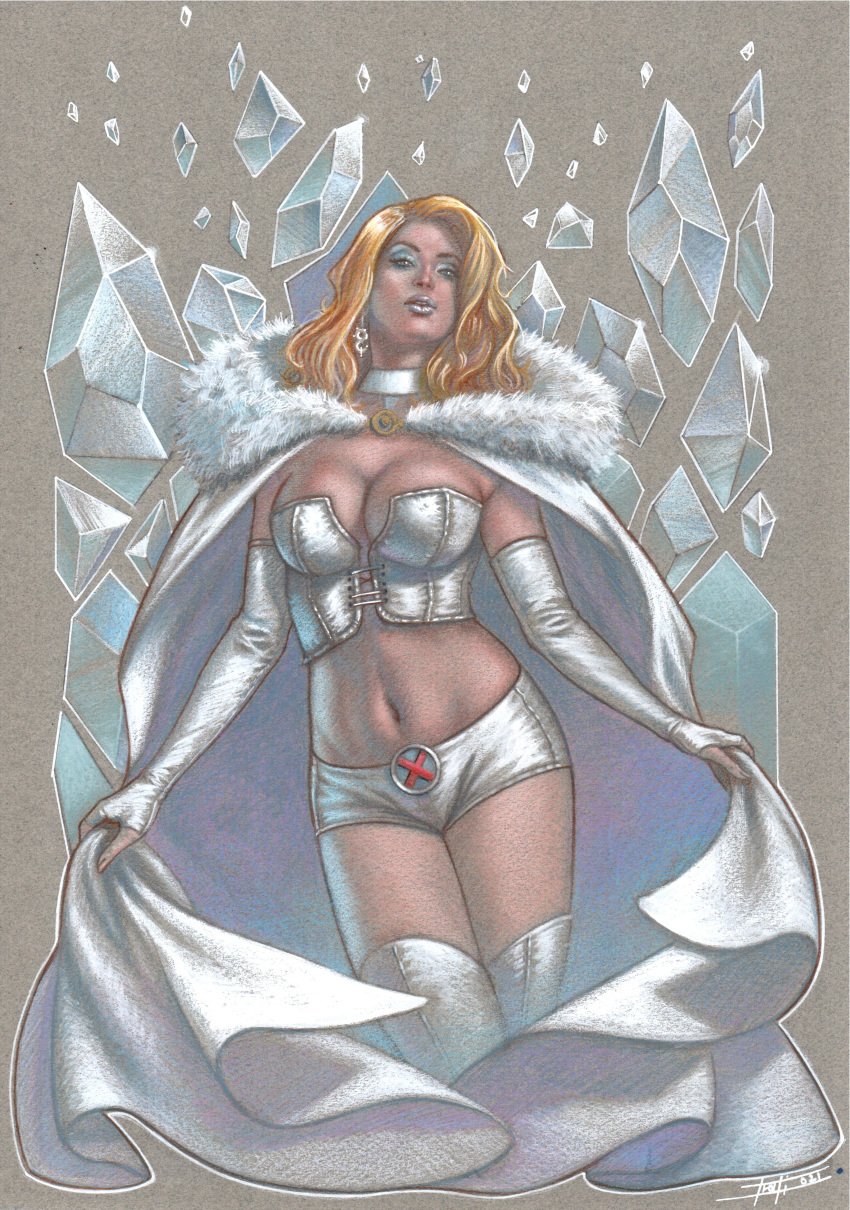 blonde_female blonde_hair blue_eyes breasts cleavage earrings emma_frost female female_only large_breasts luca_strati marvel marvel_comics pencil_(artwork) pussy_bulge traditional_media_(artwork) white_queen x-men