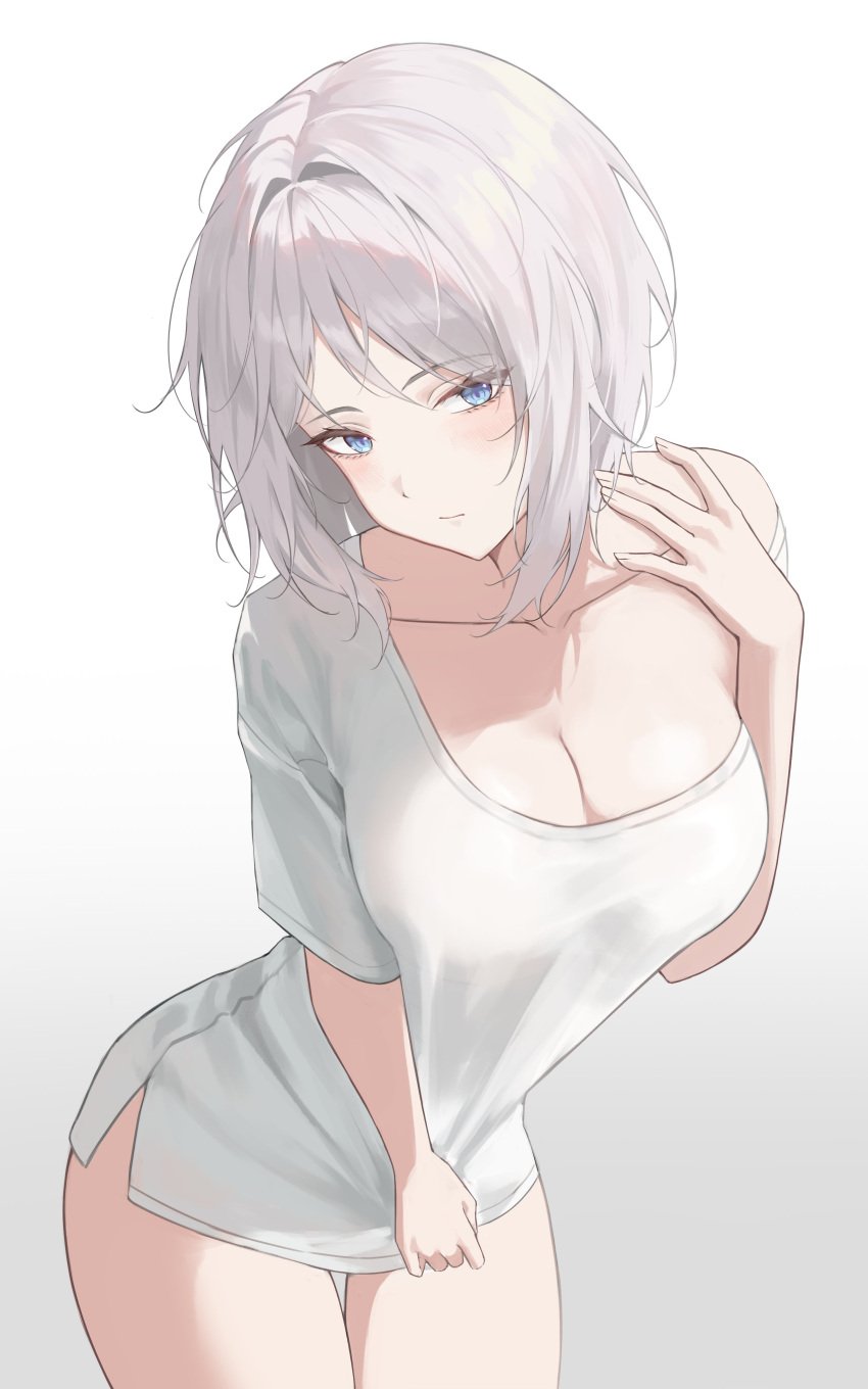 1girls big_breasts blue_eyes blush blushing cleavage eonyan exposed_shoulders faust_(limbus_company) female large_breasts limbus_company looking_at_viewer project_moon pulling_shirt short_hair tagme thick_thighs thighs white_hair wide_hips