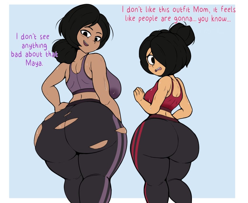 alternate_version_available asian asian_female ass big_ass cpt-pop embarrassed huge_ass maya_schoppenboer milf mother_and_daughter ongezellig ripped_clothing soei_schoppenboer sports_bra text yoga_pants