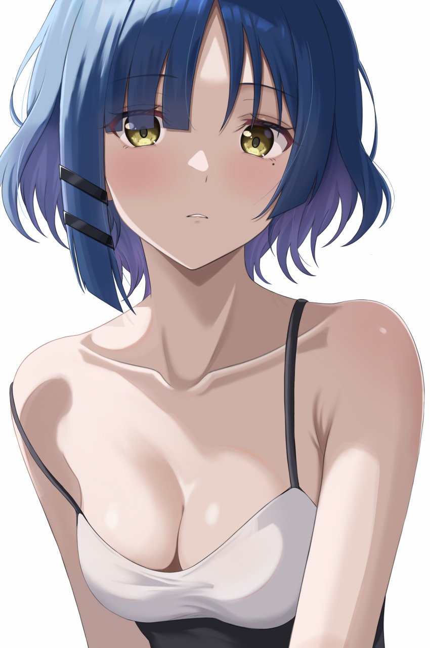 1girls absurd_res absurdres bare_arms bare_chest bare_shoulders bare_skin blue_eyebrows blue_hair blue_hair_female bocchi_the_rock! breasts cleavage collarbone dot_nose eyebrows_visible_through_hair female female_focus female_only green_eyes green_eyes_female hairpin high_resolution high_school_student highres light-skinned_female light_skin looking_at_viewer makise_(mix020511) medium_breasts medium_hair mole mole_under_eye parted_lips school_girl shiny_arms shiny_breasts shiny_shoulders shiny_skin short_hair shoulders simple_background slender_body slender_waist slim_girl slim_waist solo standing tank_top teen_girl teenage_girl teenage_girls teenager thin_waist topwear upper_body white_background white_tank_top white_topwear yamada_ryou